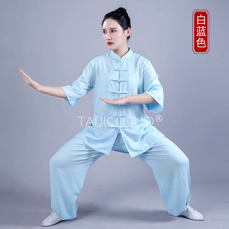 

Women's Tai Chi training suits made of cotton and linen, available in sets and lightweight styles for both men and women for mar