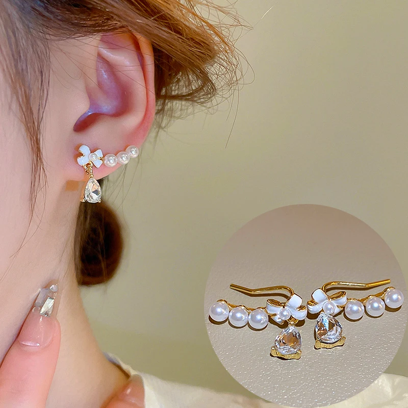 

Fashion Trend Sweet White Bow Pearl Zircon Pendant Ear Hook Female New Elegant Exquisite Temperament Girl Party Birthday Gift