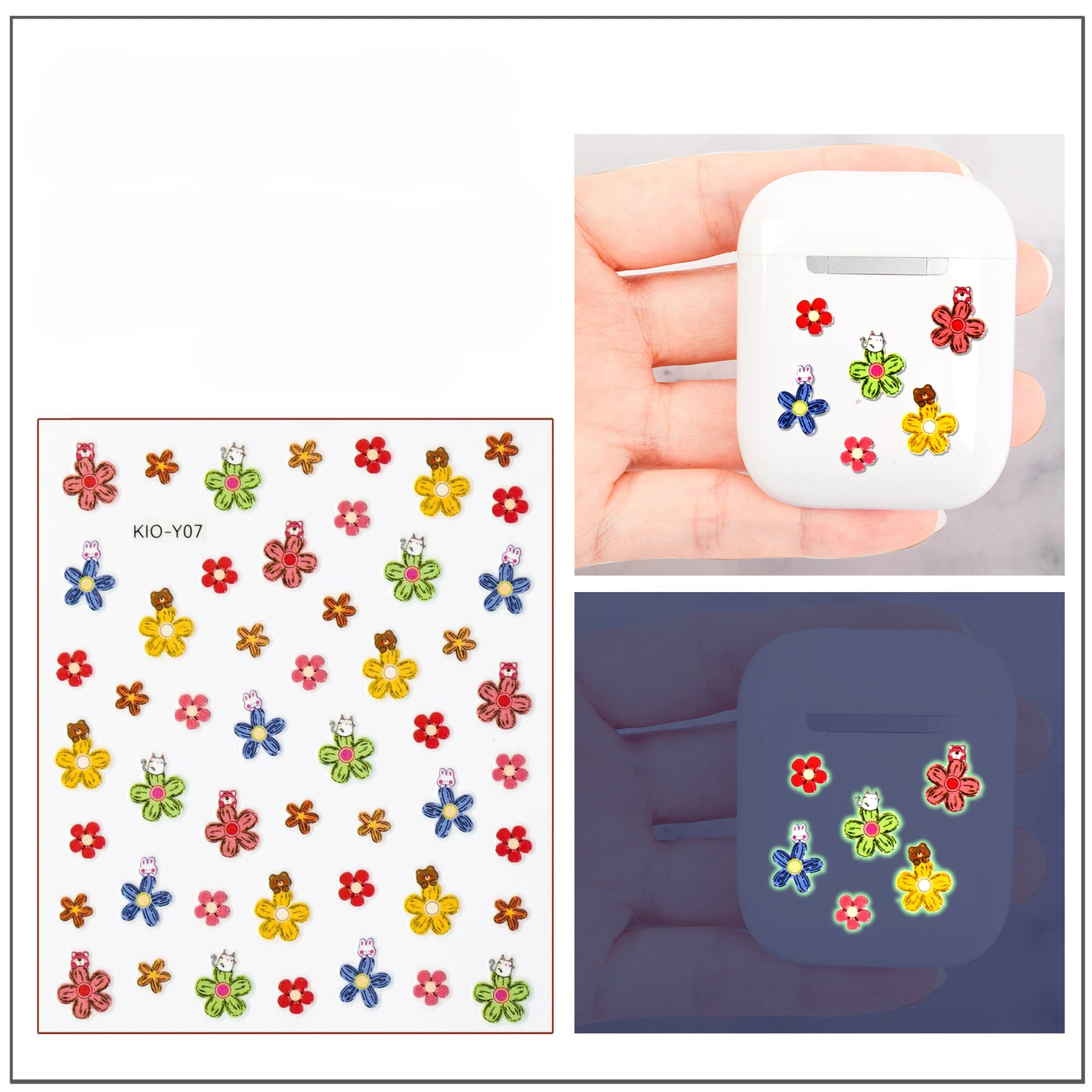40pcs/sheet Relief Stickers for Kids Diy Handaccount Headphone Shell Decoration Luminous in The Dark Fish Flower Dinosaur Rabbit