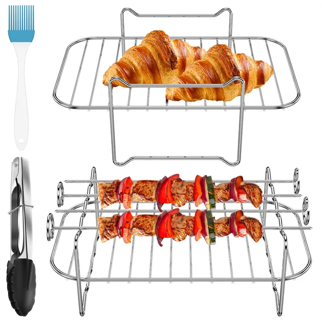 4Db Air Fryer Állványok Set Rozsdamentes Acél Levegő Sütő Nyársok Állvány 4 Nyársával Újrafelhasználható Lég Gőzös Olajkefével
