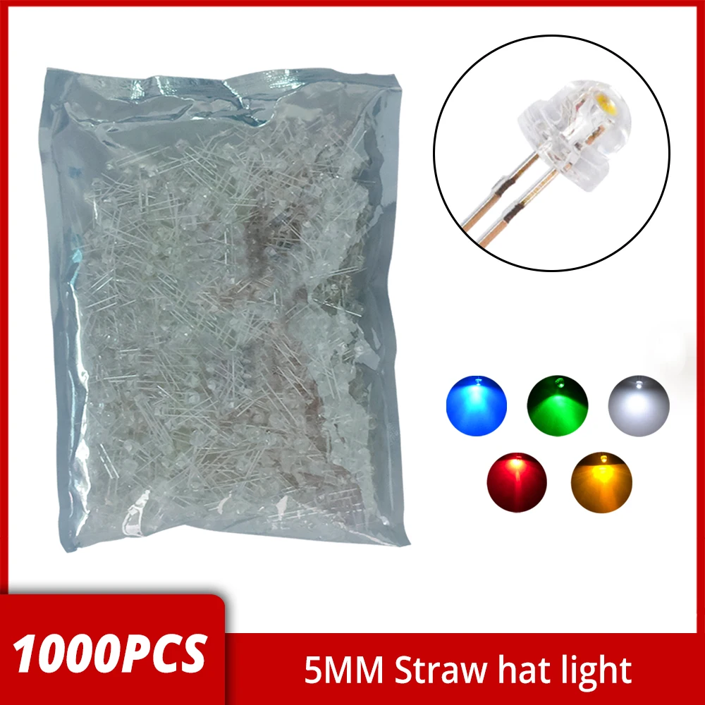 1000Pcs Minimum F5mm DIY Straw Hat Transparent Light LED Ultra Bright White Blue Green Yellow Red Wide Angle Bulb Combination