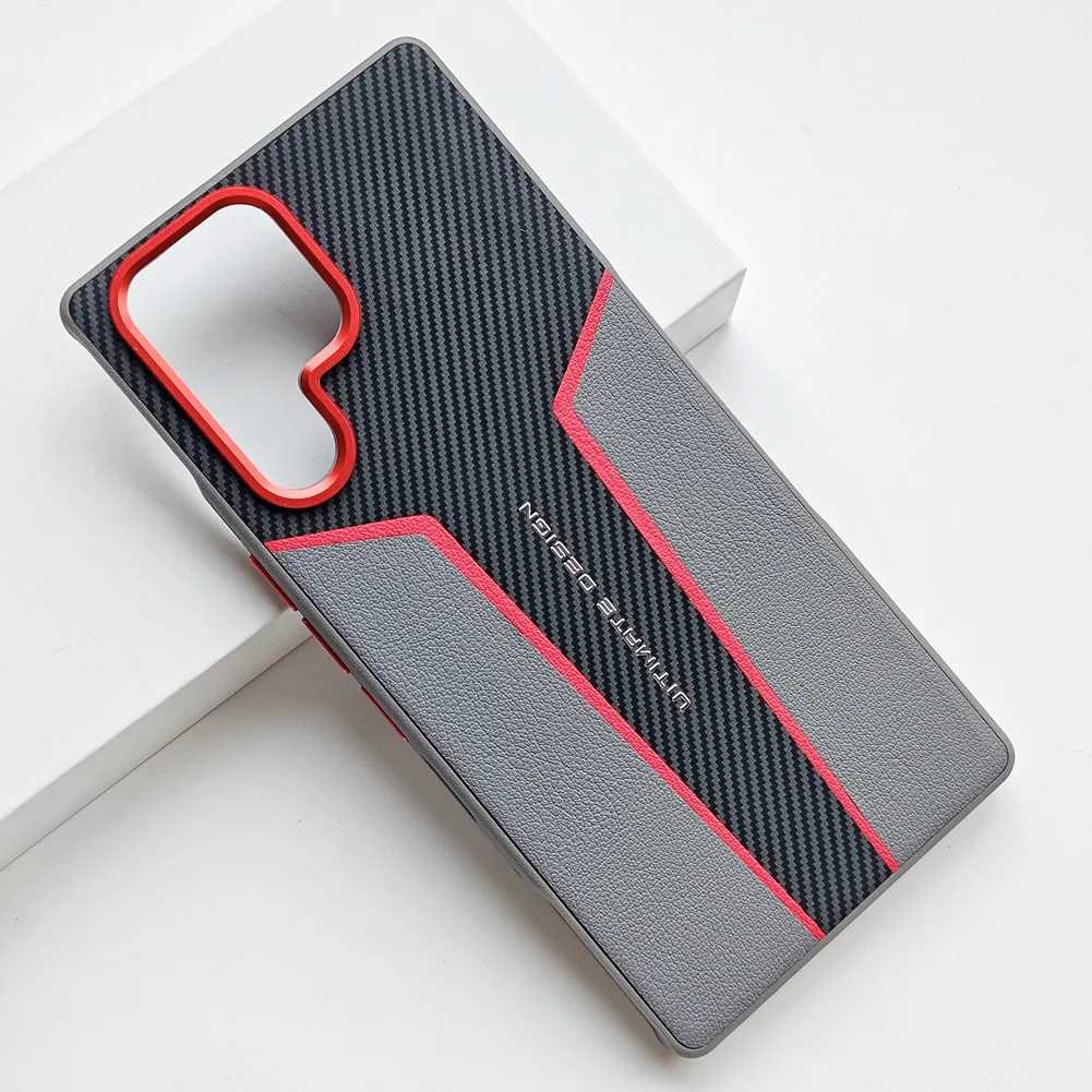 Enhanced Red Spliced Carbon Fiber Leather Phone Case with Camera Protection