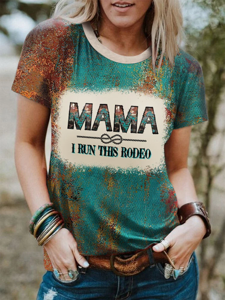 

Mama I Run This Rodeo T-Shirt Women Vintage Mom Gifts Shirt Funny Letter Print T Shirts Tee Casual Tie Dye Graphic Top 2023
