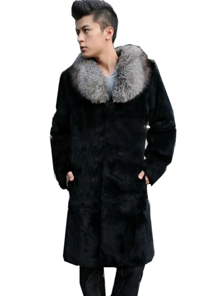 Winter Fur Collar Mid-length Faux Fur Coat Men Long Sleeve Thick Warm Business Windbreaker Jacket Plus Size Luxury Brand Coats