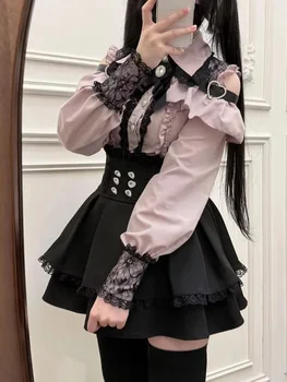Japanese Y2K Aesthetics Vintage Bow Dress Shorts Set Women Gothic Lolita Style Long Sleeve Shirt Dress Elegant Party Dress Suits 1