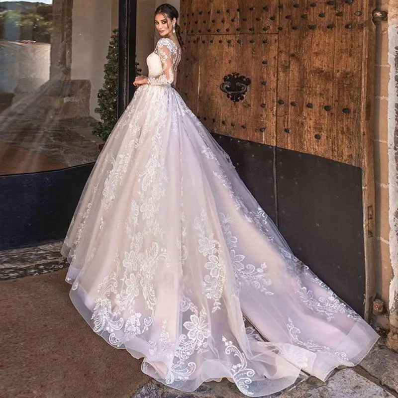 2024 Long Sleeve Lace Applique Wedding Dress Princess Ball Gown Wedding Gowns New Sweep Train Vestidos De Novia Customized 3