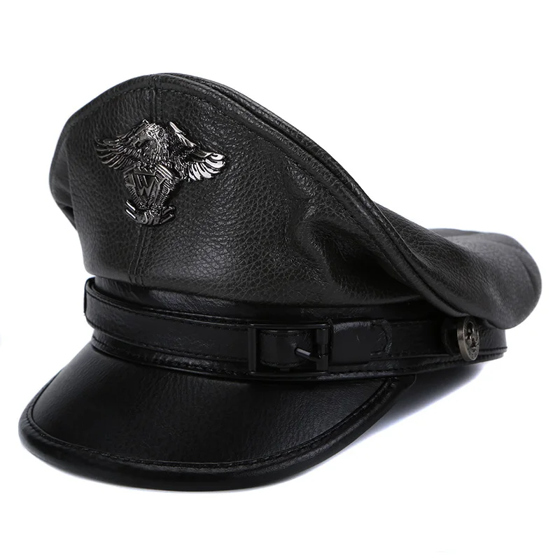 New-Retro-German-Military-Caps-For-Men-Male-Genuine-Leather-Flat-Top