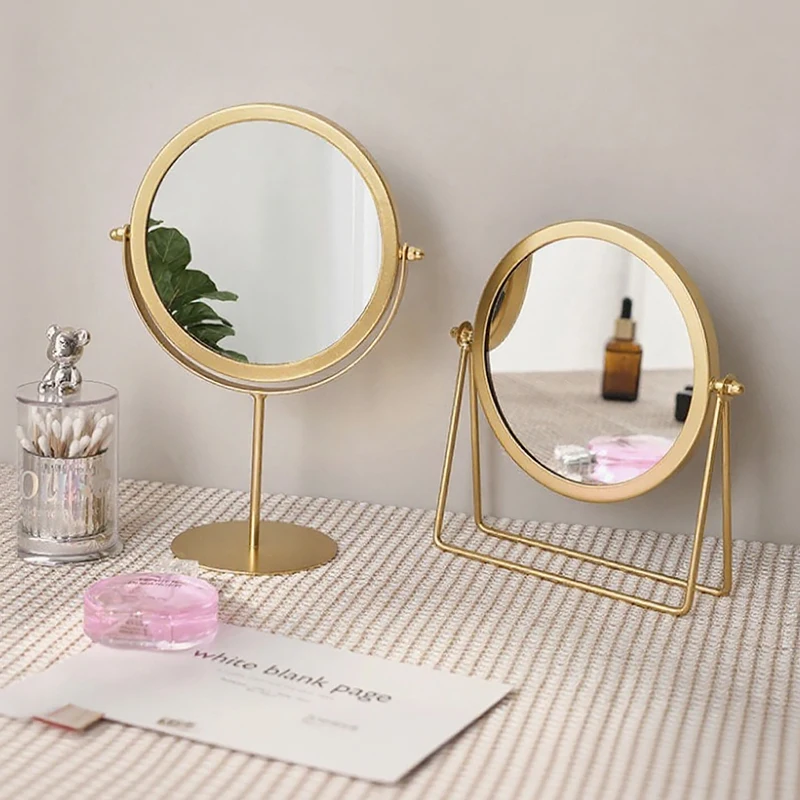 노르딕 골드 원형 화장대 거울 메이크업 및 드레싱 데스크 테이블탑 거울 홈 데코 360 ° 회전 조절 가능한 화장 거울