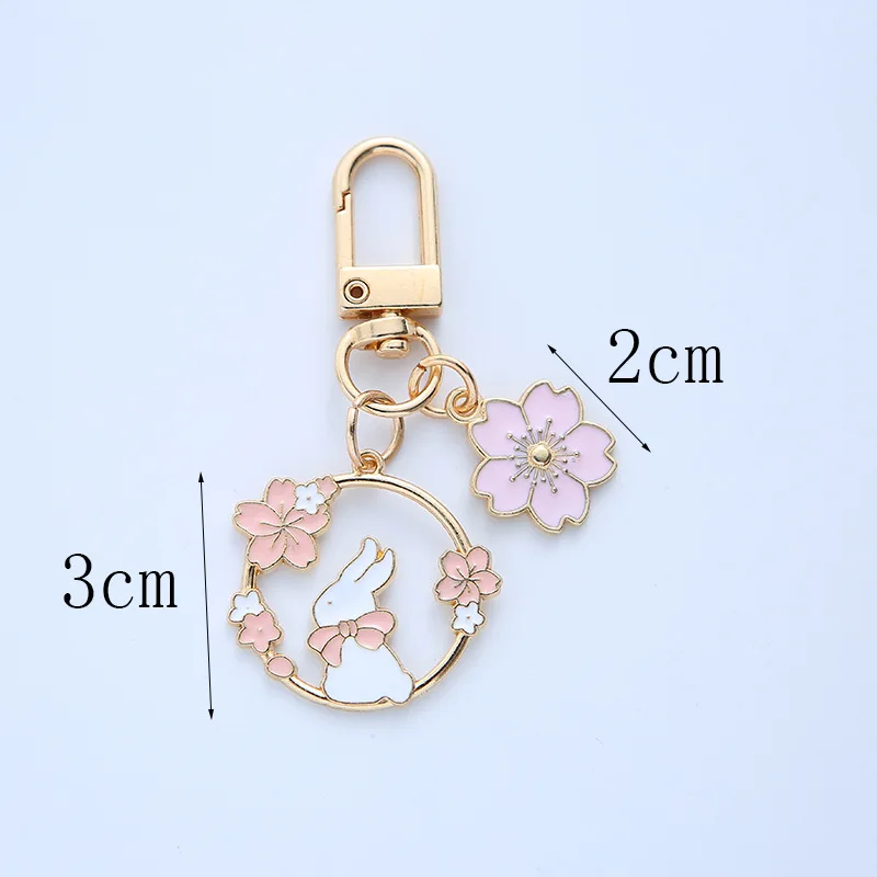 Pink Rabbit Flower Metal Keychain Jewelry Pendant Ornament Charm Alloy Key Chain for Women Girl Gift Accessories