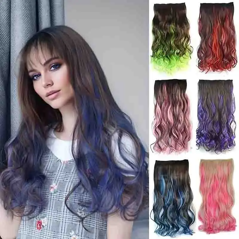 One Piece Clip Hair 5 Clip Color Highlight Long Wavy Hair Piece Seamless Extension 18 Inches Halloween Christmas