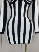 2025 Luxury Sexy Long Sleeve Stripe Black White Mini Bandage Dress Women Knitted Celebrity Elegant Evening Club Birthday Dresses - Image 6