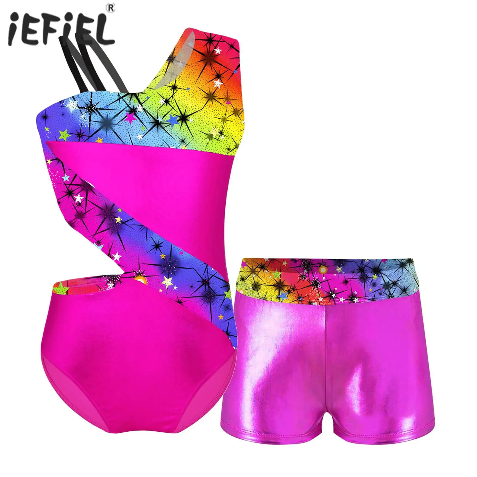 

Kids Girls Printed Gymnastics Ballet Dance Outfit Sleeveless Patchwork Leotard Jumpsuit Elastic Waist Shorts Dancing Costume