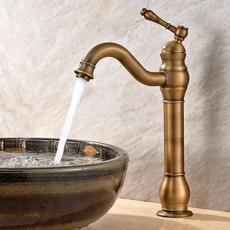 

Ceramic Antique Brass Faucet Bathroom 360° Rotating Single Hole Faucet Vintage Long Neck Mixer Sink Tap Matching Pop Up Drain
