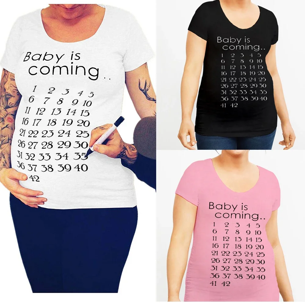 Baby Is Coming Calendar Maternity T-shirt Clothing Pregnant Letter Print Baby Is Coming Pregnants Tops Blouse Short Sleeve Tops