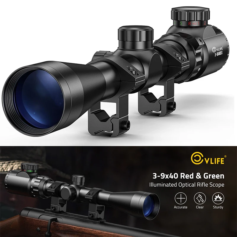 CVLIFE 3-9x40 Rifle Scope Red Green Illuminated Optical Riflescope Mil-dot Reticle Sights for 11mm or 22mm Rail Mounts &lrm;Aluminum