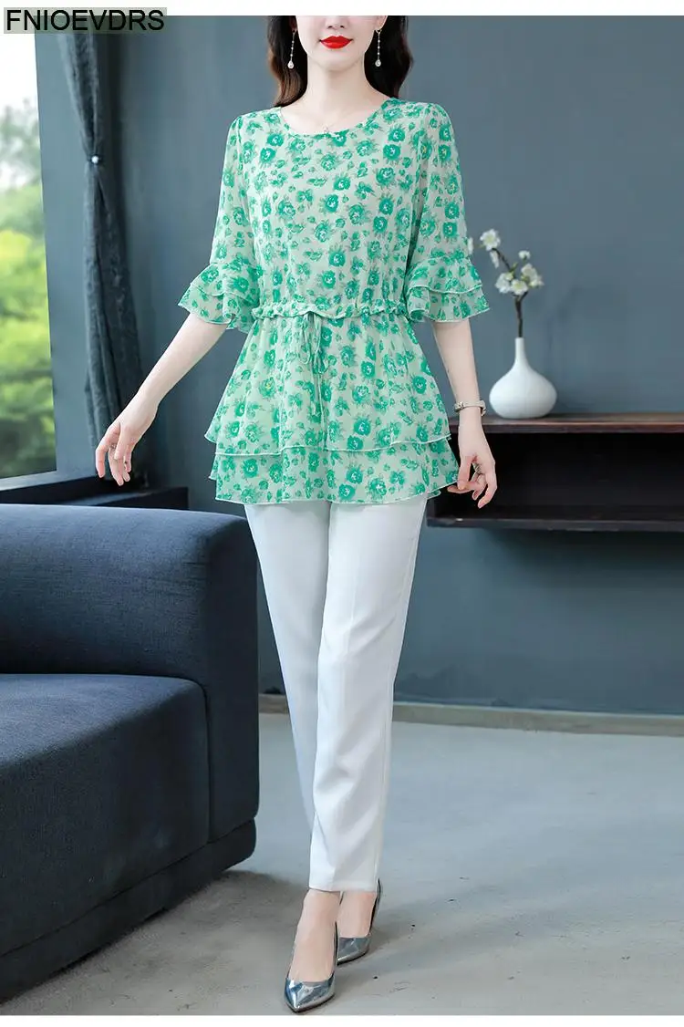 S-4XL Loose Clothes 2023 Women Summer Short Sleeve Elegant Ruffles Shirts Casual Chiffon Floral Tunic Peplum Tops And Blouses