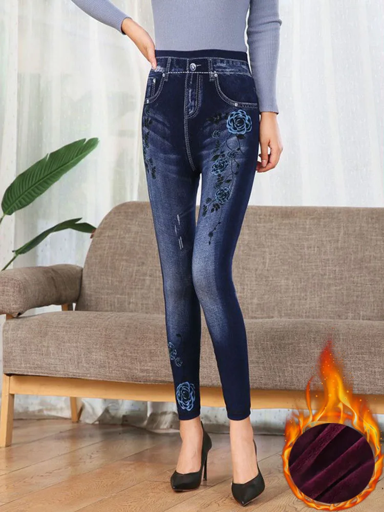 Mom Warm Print Leggings Imitate Denim Winter Plush Velvet Lined Leggins Pants slim Trousers Thicken Ankle-length Legginsy Broek