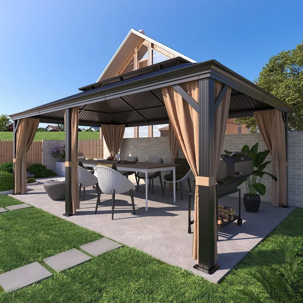 12'x20' Hardtop Metal Gazebo, Outdoor Galvanized Steel Double Roof Canopy, Aluminum Frame Permanent Pavilion 3