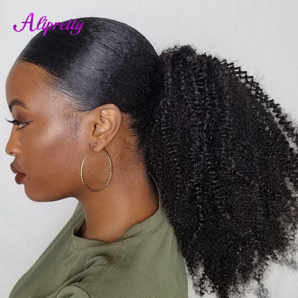 Alipretty Brazilian Afro Kinky Curly Human Hair Drawstring Ponytail For Women Natural Color Short Curly Ponytail Hair Extensions