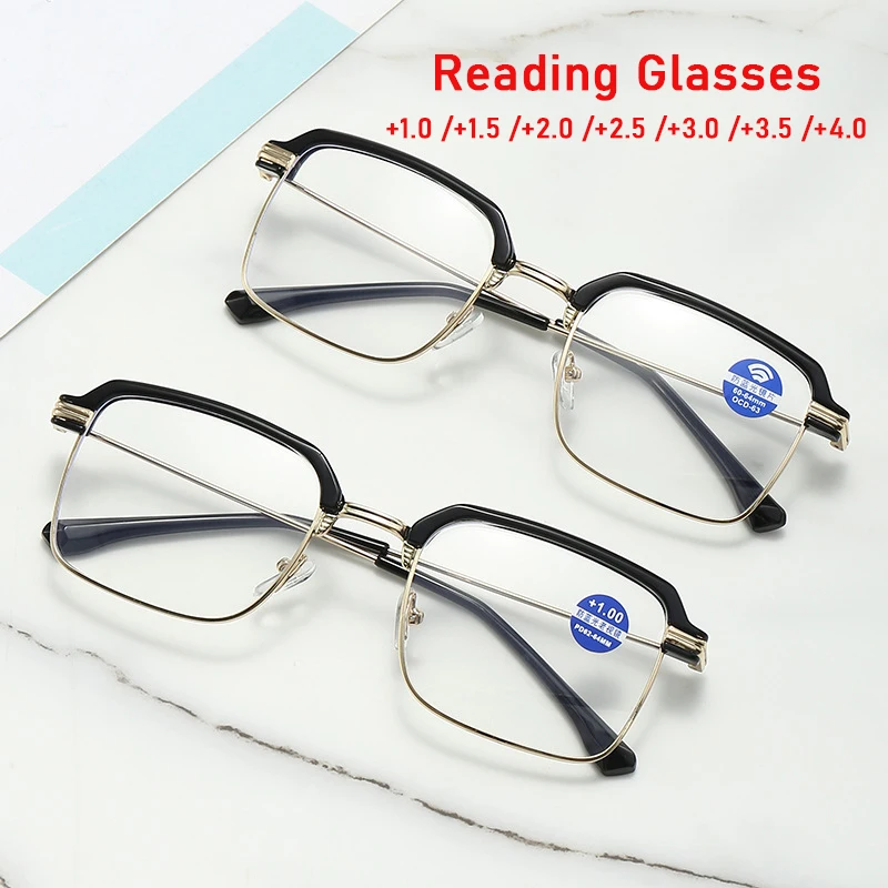 

2024 New Anti-blue Light Reading Galsses Men Fashion Rectangle Semi Rimless Presbyopic Eyewear For Old Women +1.0 To +4.0