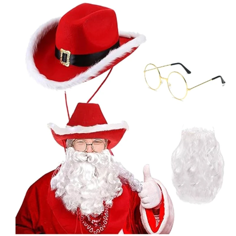 

B36D Christmas Costume Accessories Santa Clause Hat White Beard Glasses Set Santa Cosplay Costume Festival Party Supplies