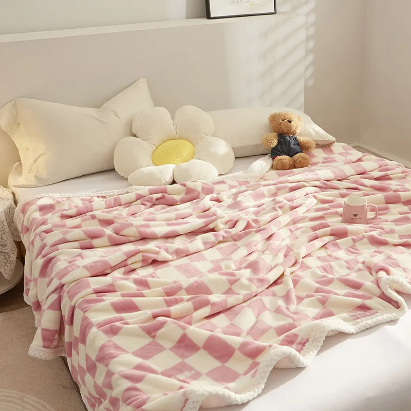 

Двухслойное клетчатое молочное кашемировое стандартное толстое одеяло, покрывало, осенне-зимнее Флисовое одеяло из шерпы, плюшевое покрывало