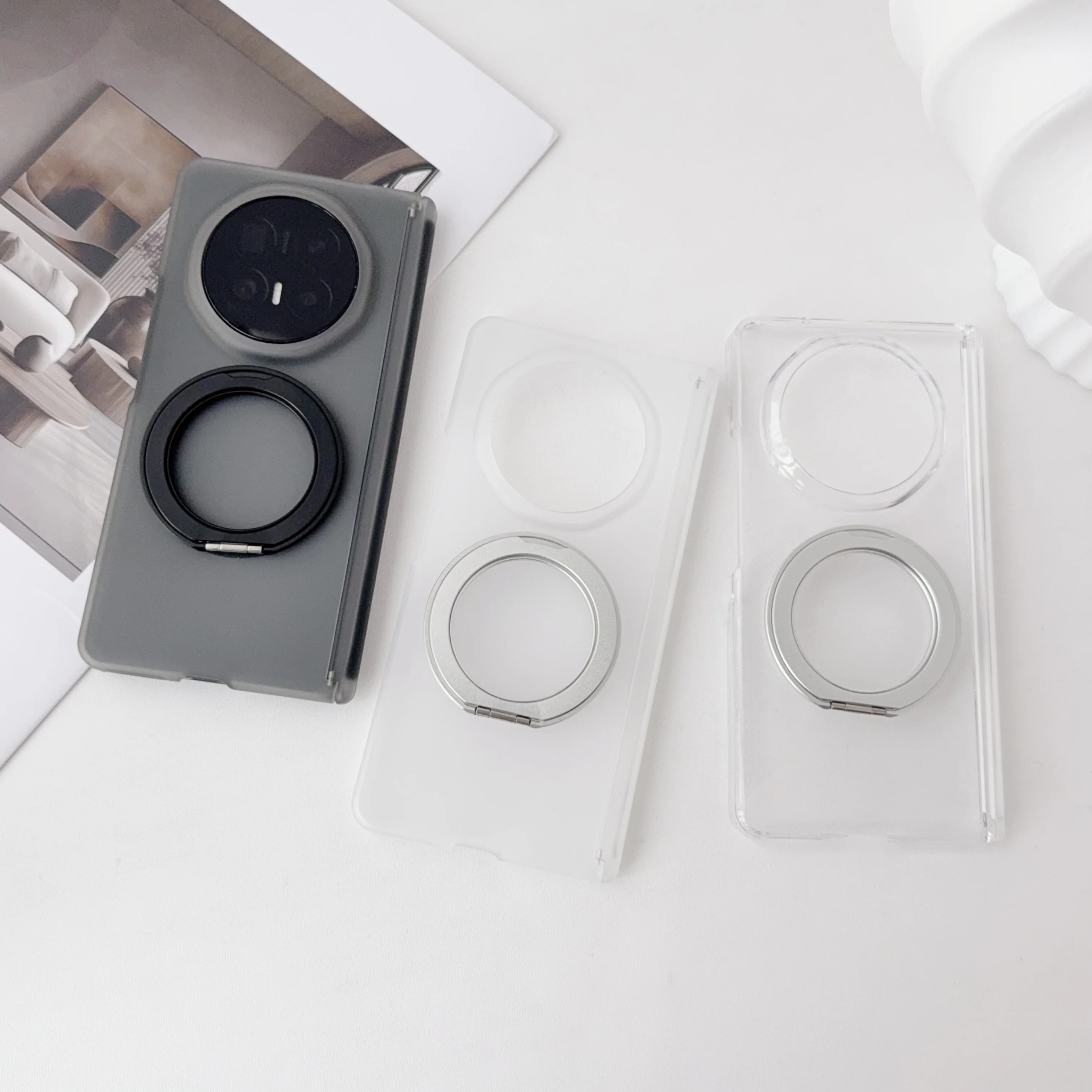 Hard Transparent Double Hinge Ring Stand Protective Back Cover