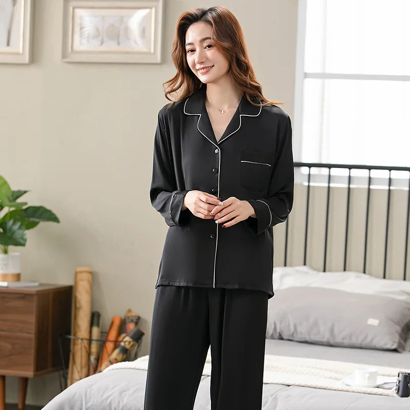 

Spring Silk Satin Lapel Tops + Long Pants 2pcs/set Pajamas Set For Women Simple Button Cardigan Sleepwear Autumn Female Pyjamas
