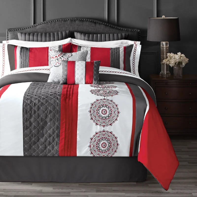 

14-Piece Bed Set, Queen, Red/Gray, Medallion Embroidered, Basic Weave, Polyfil