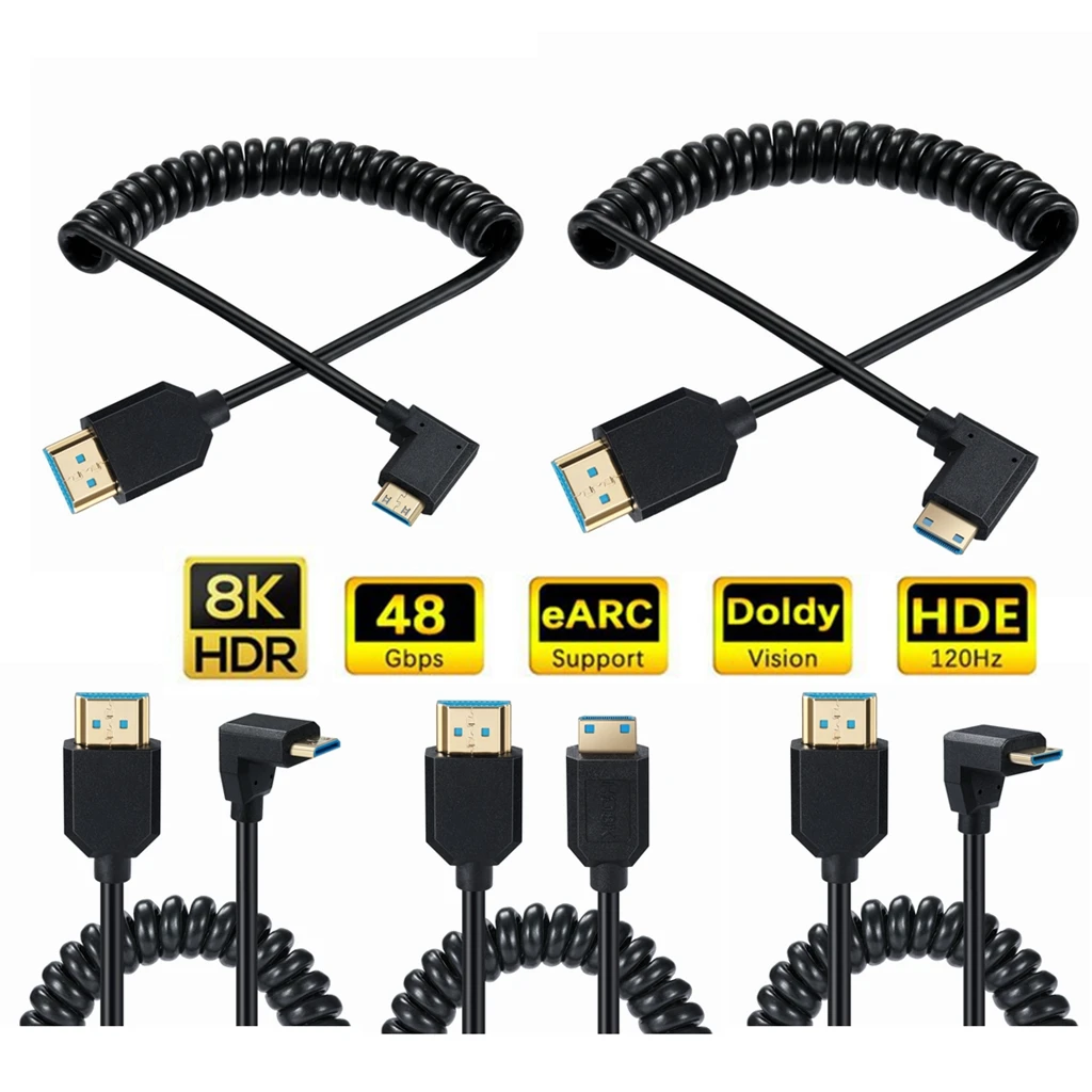 Cavo A Molla Compatibile 8K Mini Hd A Hdmi 2.1 Supporto 8K 4K 120Hz 48Gbps Hdr Hdcp 2.2 Per Fotocamera Tablet Nuc Kit Proiettore Tv
