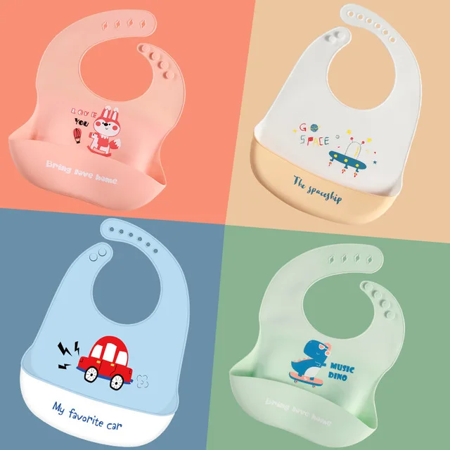 

Cute Baby Bibs Waterproof Silicone Bib Infant Toddler Feeding Saliva Towel Cartoon Adjustable Apron with Pocket bibs for child