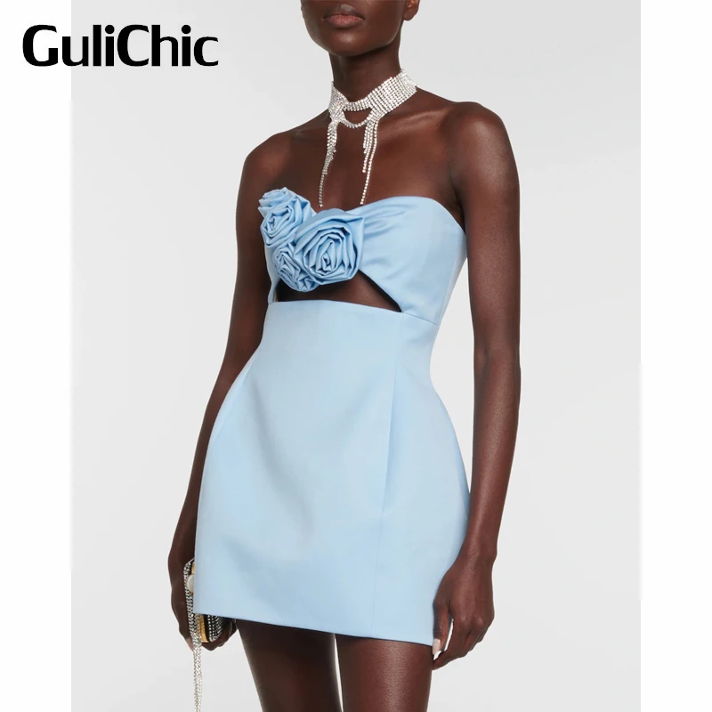 

7.17 GuliChic Women Banquet Club Sexy Backless Hollow Out Three-Dimensional Flower Strapless Slim A-Line Dress