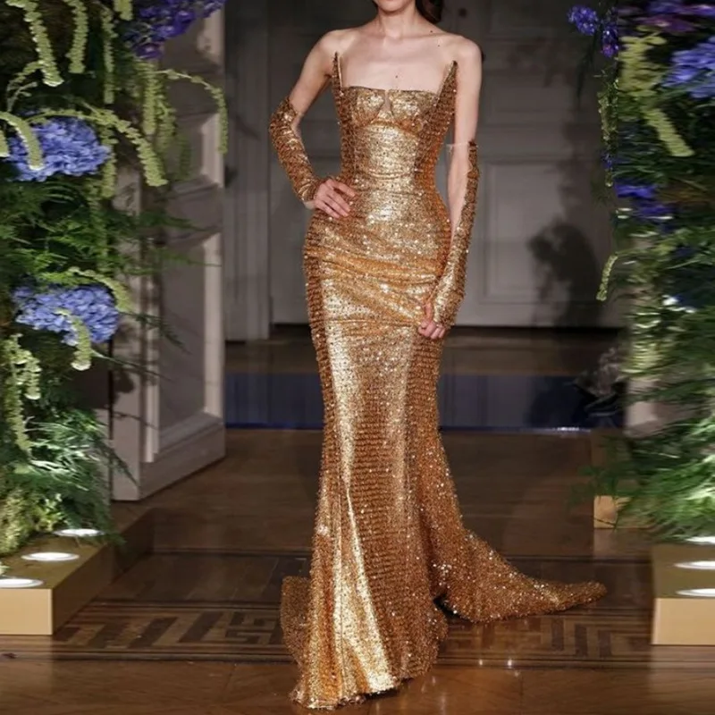 

Women Sexy Gold Sequin Mermaid Dresses Vintage Luxurious Girl's Pageant Maxi Prom Dresses Female Party Night Club Evening Dress