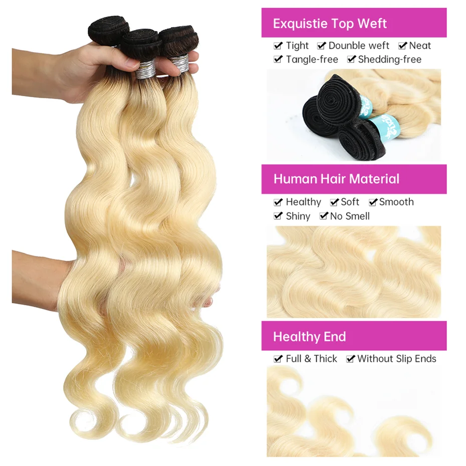 Body Wave Bundles Human Hair Brazilian Weaving Dark Roots 1B 613 Ombre Blonde 1 3 4 Bundles Deal 30 32 Inch Remy Hair Extensions