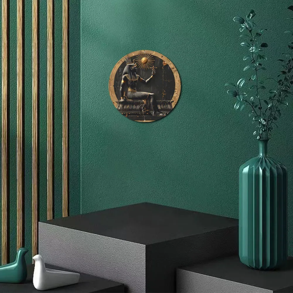 Round Aluminum Flat Sign, Egyptian Pharaoh Figure Themed, Perfect for Office Room, Home Door Decor, Abstract Designed, 2D - Image 4