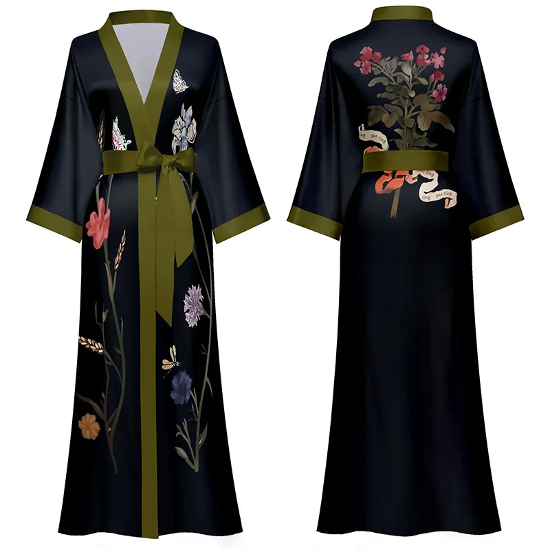 

Flower Print Long Robe Nightgown Spring Summer Half Sleeve Kimono Bathrobe Gown Women's Sexy Rayon Home Dress Loungewear 2023