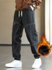 Thicken Men's Cargo Jeans Warm Fleece Fashion Large Pockets Bound Feet Sweatpants Male Drawstring Korean Plush Denim Trousers 1