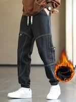 Thicken Men's Cargo Jeans Warm Fleece Fashion Large Pockets Bound Feet Sweatpants Male Drawstring Korean Plush Denim Trousers 1