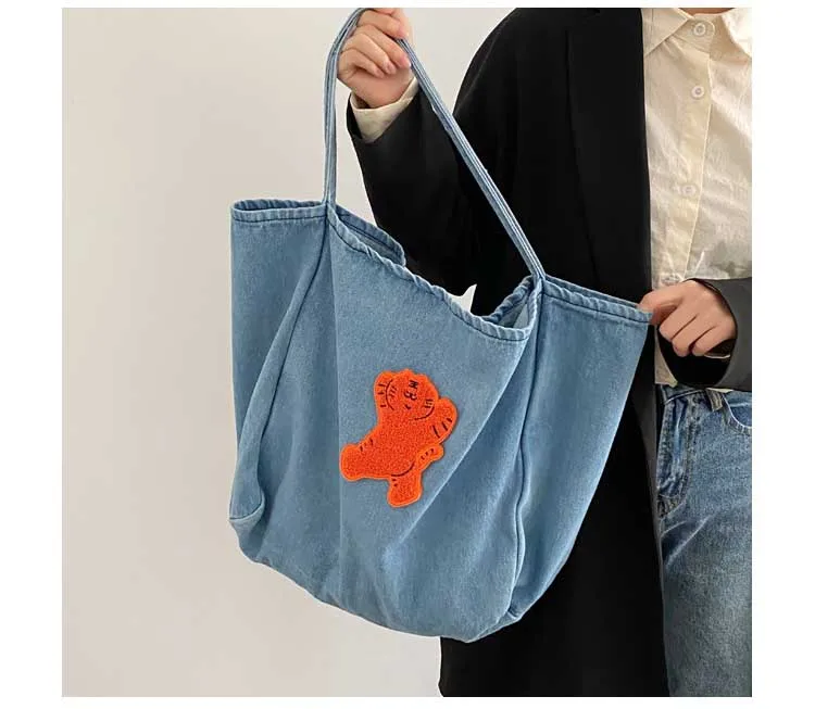 Hylhexyr Fashion Casual Tote Bag College Student Washed Denim Large Shoulder Bags Soft Cotton Canvas Handbag For Lady