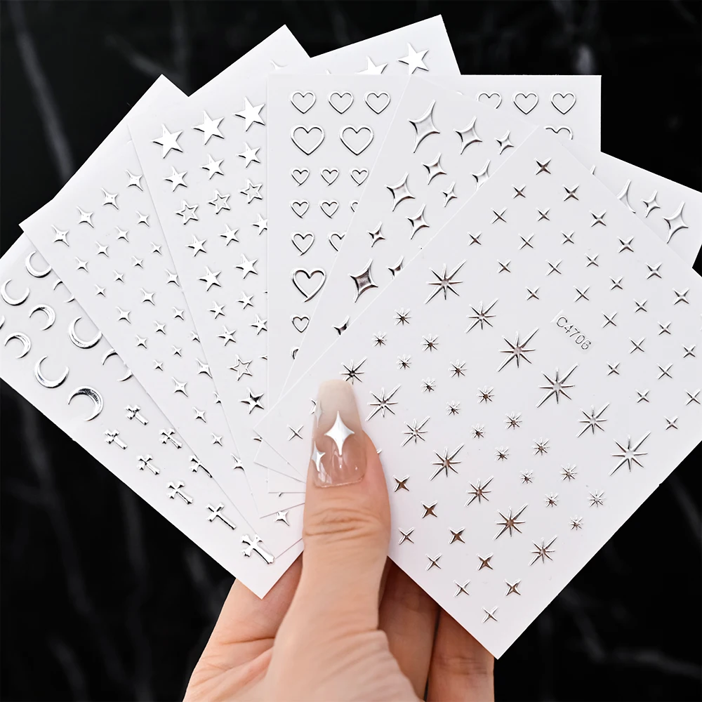 1Pcs 3D Laser Metallic Silver Stars Heart Nails Stickers Liquid Mirror ...