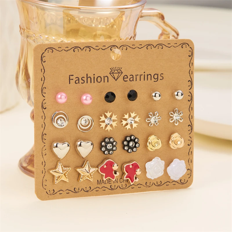 12 Pairs Combination Stud Earrings For Women Girl Shiny Zircon Moon Star Snowflake Geometric Mini Earring Party Charm Jewelry