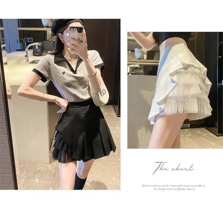 Short Skirt Mesh Yarn Splicing Pleats Half Length Skirt Female Design Spring Autumn High Waisted AppearThin Chiffon Word A Sweet