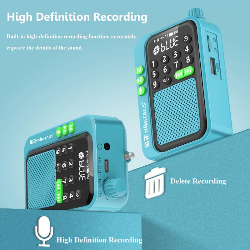 Mini Pocket FM Radio High Sensitivity Digital Radios Receiver Wireless Bluetooth Speaker with LED Display Recording Sleep Timer