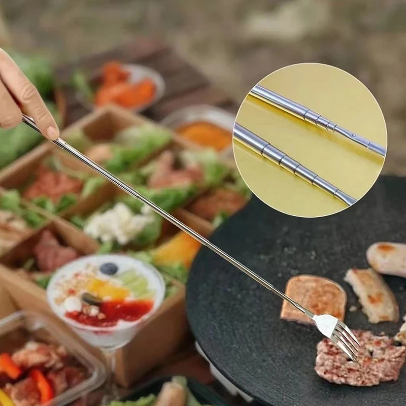 Silver Stainless Telescopic Extendable Spoon Fork Dinner Fruit Dessert Long Cutlery BBQ Meat Fork Kitchen Practical Tools stainless steel spoon,fruit fork,expandable fork,silverware set