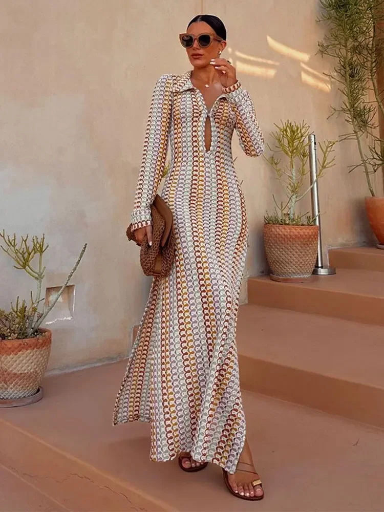 

Fashion Colorful Striped Hooked Crochet Knit Maxi Dress Women Hollow Out Side Split Long Sleeve Dresses Female Slim A Line Robe