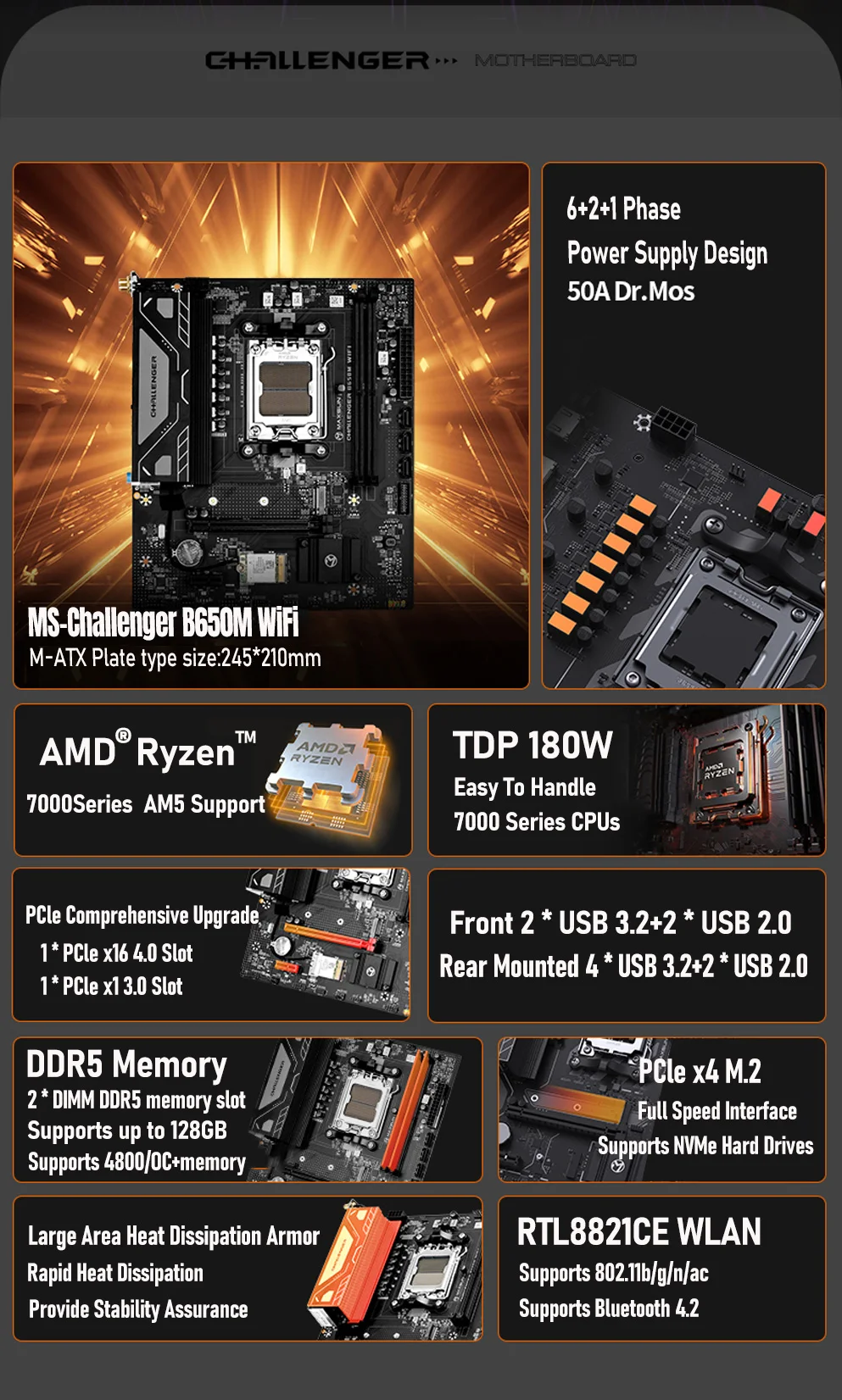 Description Picture 3 of itemMAXSUN Challenger B650M WiFi computer motherboard support AMD CPU AM5 7500F 7900X 7700X 7600X 8500G DDR5 Bluetooth 4.2 B650