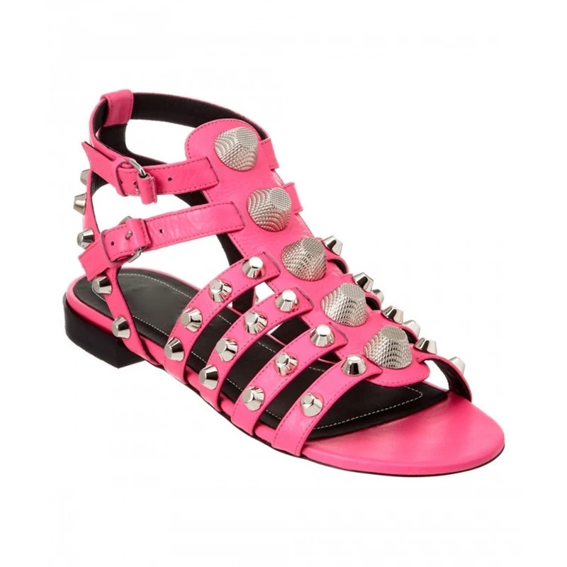 

Girl's Metallic Gold Silver Gained Rivets Studs Straps Flats Sandals Summer Peep Toe Low Heels Woman Gladiator Sandalias