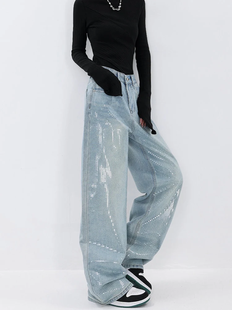 Heavy Sequins Jeans for Women 2024 Summer New Fashion Retro High Waist Loose Casual Straight Denim Pants Wide Leg Pants