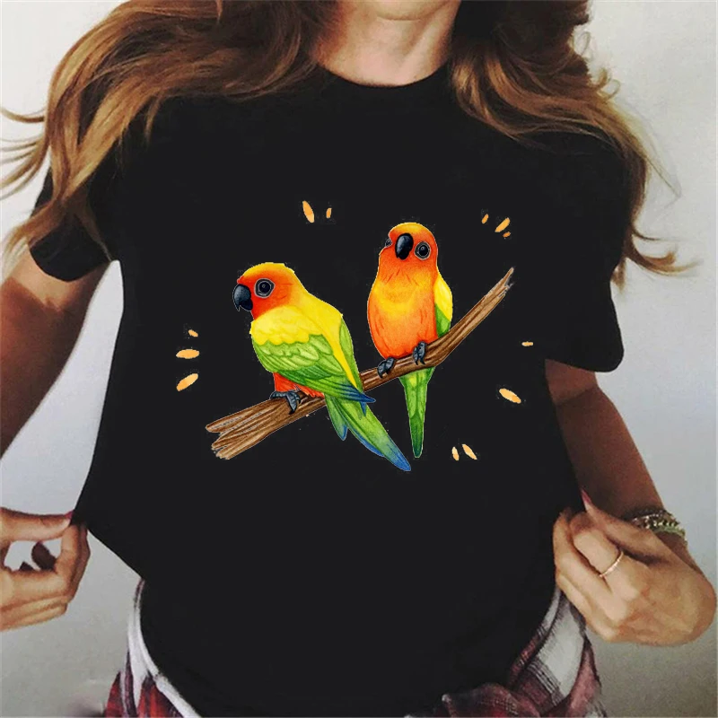

Women Tshirt 2024 Watercolor Cockatiel Parrot Print Tee Shirt Femme Rainbow Birds T- Shirt Streetwear Summer Top Black T Shirt