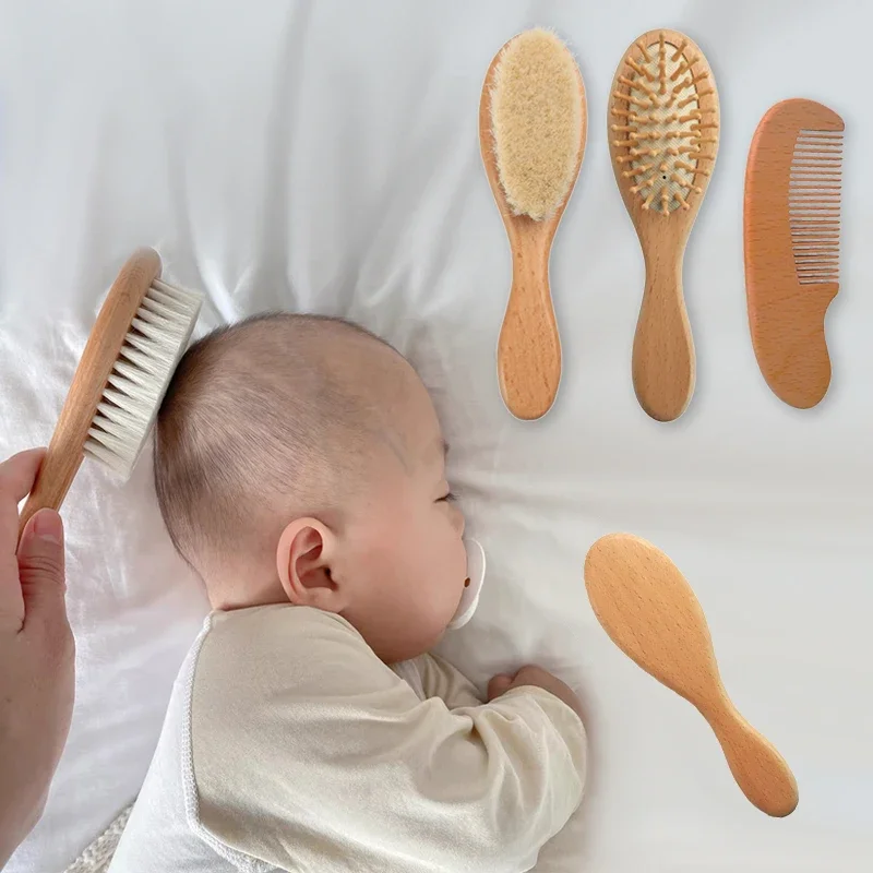 Newborn Baby Wooden Brush Baby Natural Wool Comb Newborn Hair Brush Infant Head Massager Portable Bath Brush Comb for Kids